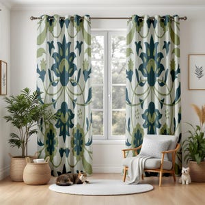 Verfijnde elegante damast verduisterende gordijnen, sierlijke traditionele gordijnen met bloemenpatroon, marineblauw en groen woonkamerdecor