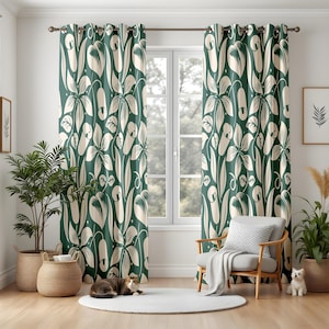 Dark Botanical Blackout Curtains, Moody Green Floral Living Room Drapes, Elegant Abstract Window Panels, Unique Home Decor