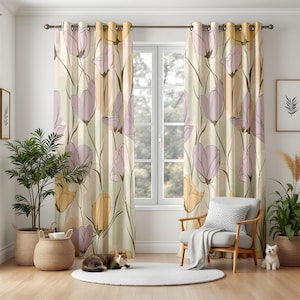 Artistic Floral Blackout Curtains, Elegant Purple Yellow Living Room Drapes, Cottagecore Botanical Window Panels for Home Decor