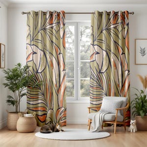 Tropical Leaf Curtains for Living Room, Hand Drawn Botanical Drapes in Earth Tones, Modern Jungle Inspired Window Panels