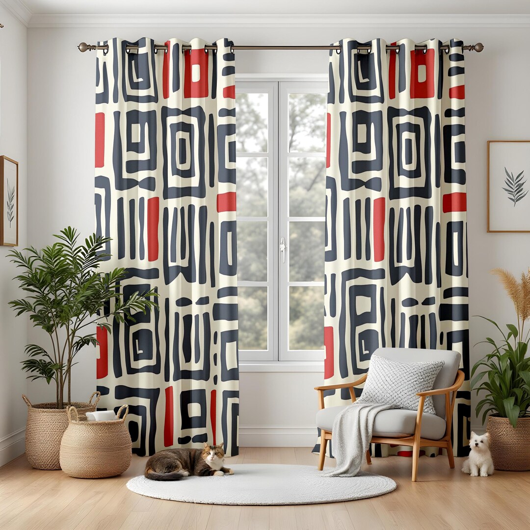 Pattern Block Curtain Indigo & Red Block Living Room Curtains, Abstract Geometric Drapes ...