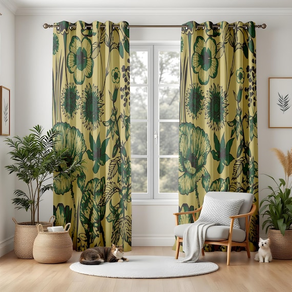 Moderne Verdunkelungsvorhänge, Retro Grün & Gelb Botanische Wohnzimmer Vorhänge, Boho Fensterpaneele für ein einzigartiges Wohndekor
