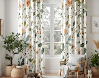 Rideaux occultants floraux aquarelles, rideaux orange et vert élégants, panneaux de fenêtre botaniques uniques pour une décoration d'intérieur romantique