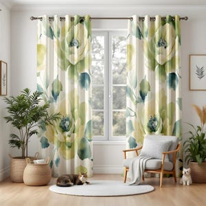 Green Watercolor Floral Living Room Curtains, Oversized Flower Print Drapes, Nature Inspired Window Panels, Fresh Botanical Home Decor