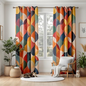 Retro Circle Pattern Curtains for Living Room, Colorful Mid Century Modern Drapes, Geometric Window Panels in Warm Tones