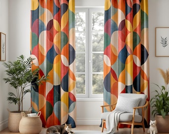 レトロな幾何学模様のカーテン、ミッドセンチュリーモダンのオレンジ