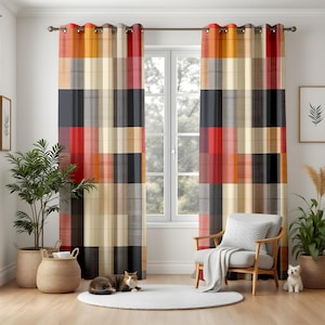 Rustic Modern Plaid Curtains, Fall Color Block Window Panels, Red Black Mustard Drapes for Living Room or Kitchen