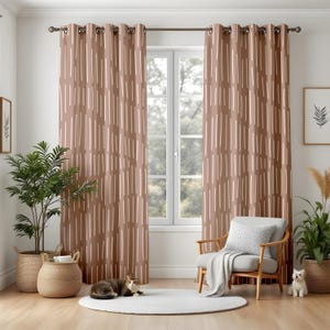 May include: Brown and white patterned curtains hanging in front of a window. The curtains have a repeating vertical stripe design. A cat and a dog are on the floor in front of the window. A chair, plants, and baskets are also in the room.