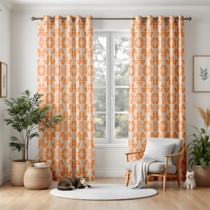 Modern Geometric Window Curtains, Orange Triangle Pattern Drapes, Scandinavian Living Room Panels, Minimalist Color Block Decor