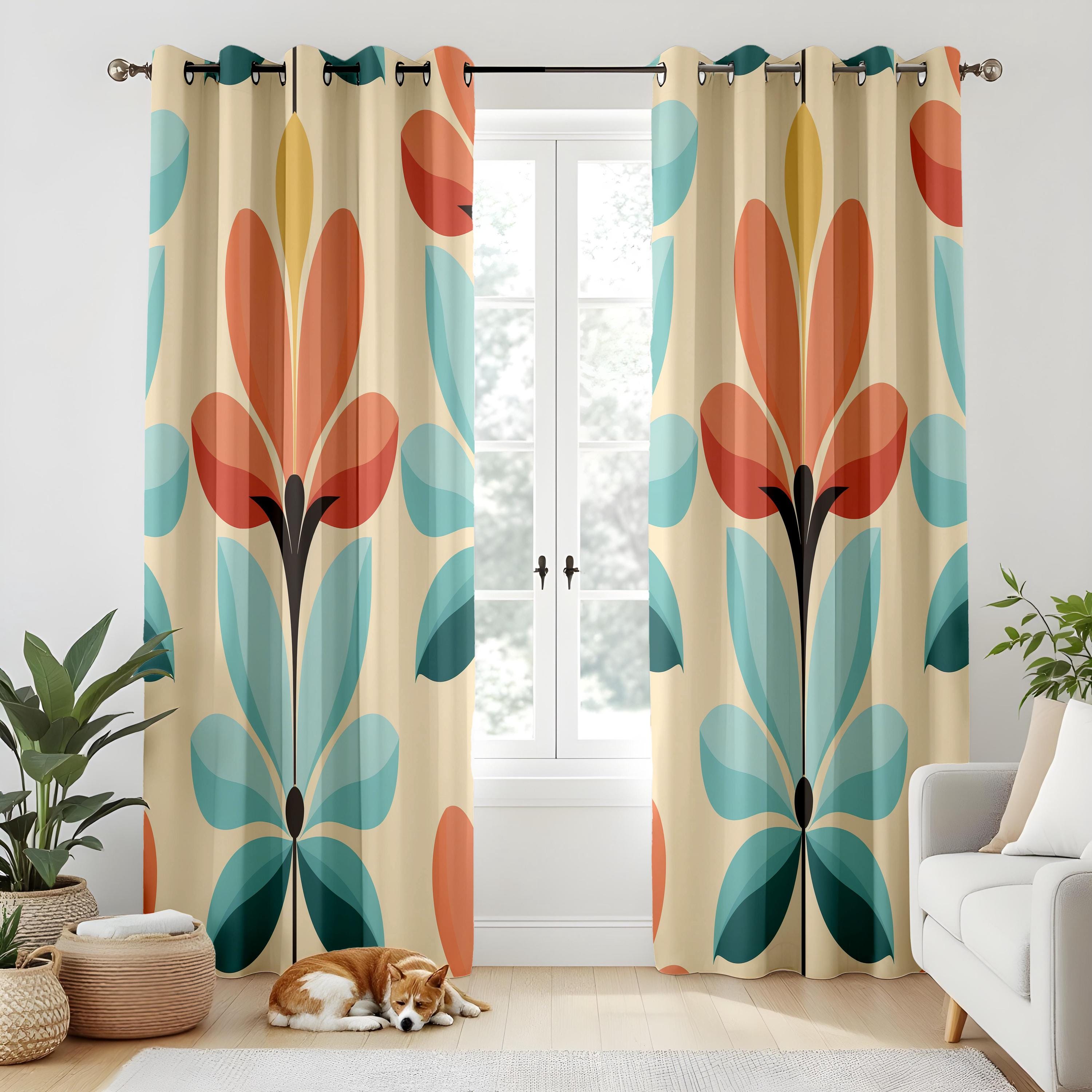 ミッドセンチュリー　カーテン　フラワー レトロな花柄遮光カーテン、ミッドセンチュリーオレンジティール