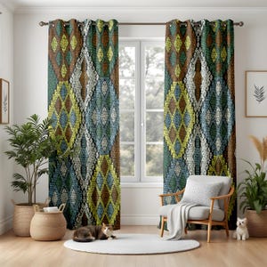 Tribal Geometric Living Room Curtains, Boho Ethnic Window Panels, African Inspired Home Decor, Rustic Modern Drapes, Warm Earth Tones