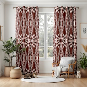 Rust Red Southwestern Curtains for Living Room, Tribal Ikat Pattern Drapes, Modern Boho Window Panels, Desert Inspired Decor