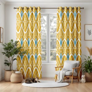Retro Geometric Curtains for Living Room, Yellow and Blue Mid-Century Drapes, Colorful Bold Pattern Window Panels