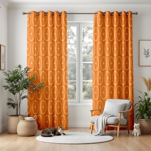 Orange Citrus Kitchen Curtains, Fun Fruit Slice Window Drapes, Retro Tropical Curtain Panels, Summer Kitchen Decor