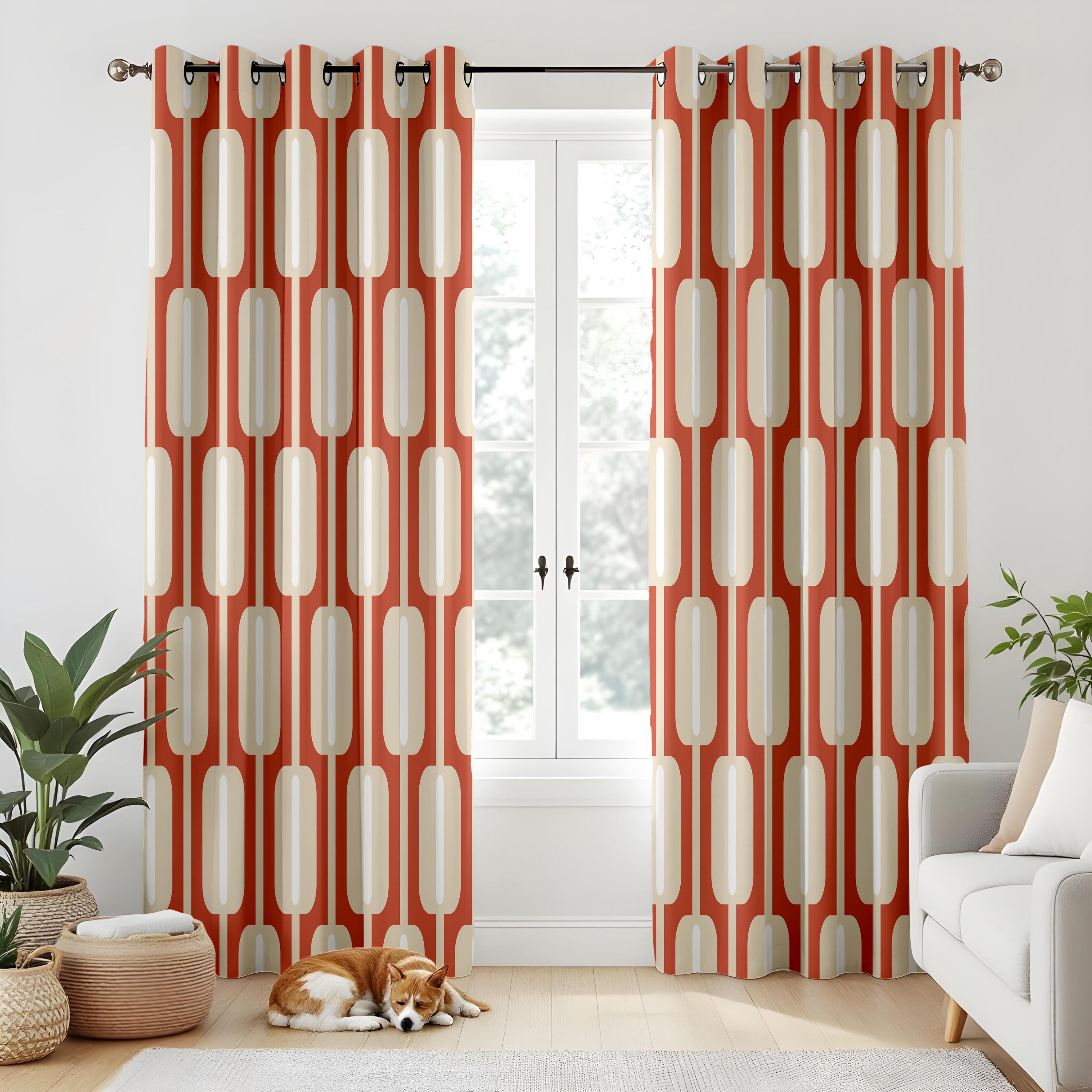 Mid Century Modern Curtains, Orange Retro Drapes, Geometric Oval Living