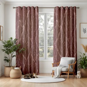 May include: Burgundy window curtains with a textured, abstract pattern. The curtains hang from a metal rod above a window, and are paired with a white rug, a wooden chair, and potted plants. The curtains are approximately 213 cm long.