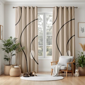 Moderne abstrakte Wohnzimmervorhänge, beige und schwarze Line Art Vorhänge, minimalistische Fensterpaneele für zeitgenössische Häuser