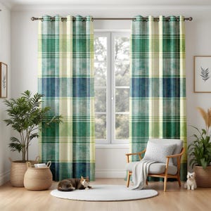Green Blue Plaid Living Room Curtains, Country Cottage Kitchen Curtains, Rustic Farmhouse Tartan Drapes, Cozy Country Style Window Panels