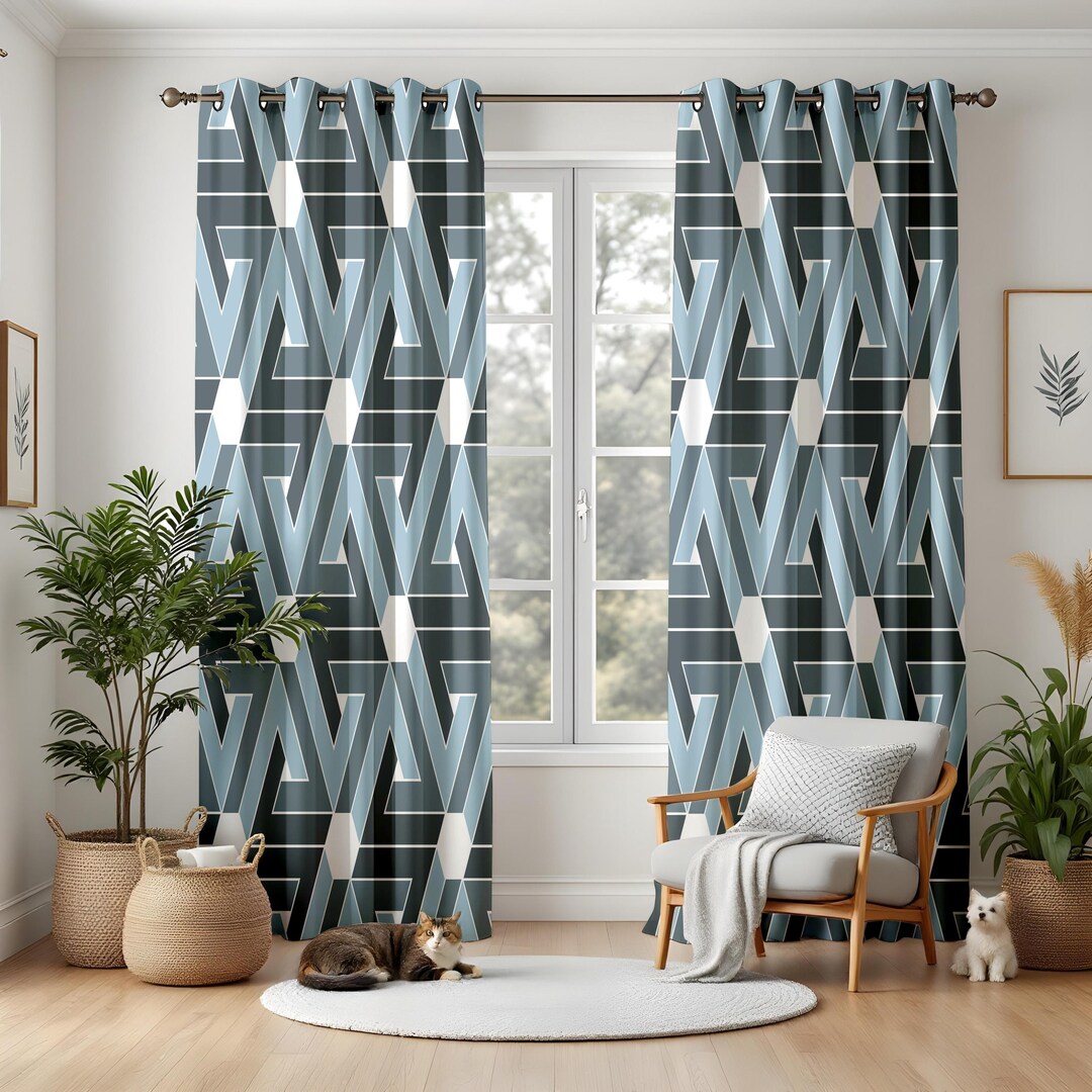 Modern Abstract Geometric Blackout Curtains, Stylish Blue Triangle ...
