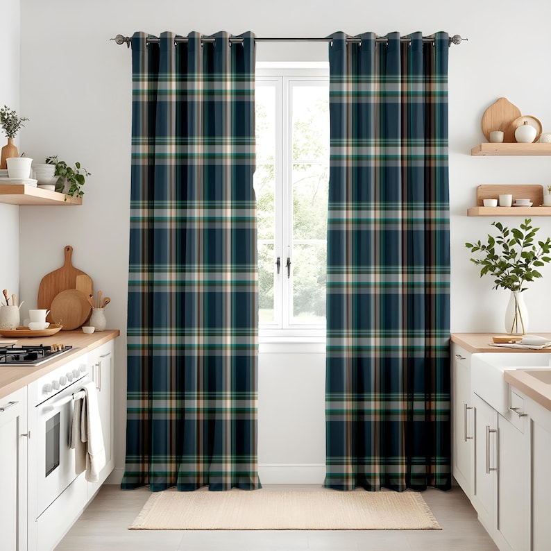 Classic Plaid Living Room Curtains, Navy Green Tartan Drapes, Cozy ...