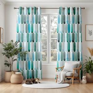 Watercolor Teal Living Room Curtains, Coastal Blue Gradient Drapes, Modern Scallop Pattern Window Panels, Blackout or Thermal