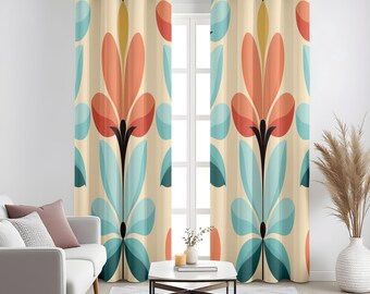 レトロな花柄遮光カーテン、ミッドセンチュリーオレンジティール