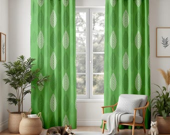 Cortinas con estampado de hojas verdes, cortinas inspiradas en la naturaleza, decoración botánica moderna para el hogar, toque vibrante para la sala de estar o la cocina.
