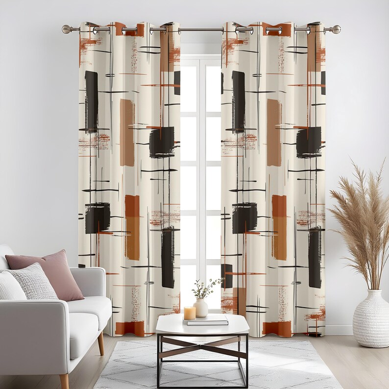 Rectangular Curtains Modern Abstract Living Room Curtains, Terracotta and Brown Block Print ...