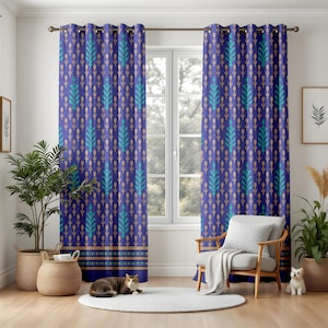 Boho Tribal Wohnzimmer Vorhänge, Lila und Türkis ethnische Muster Vorhänge, Global Style Fenster Panels, Verdunkelung oder Thermo