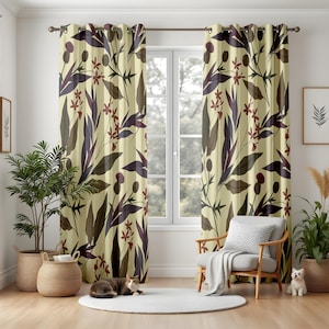 Modern Botanical Blackout Curtains, Earthy Purple & Brown Drapes, Unique Floral Pattern Window Panels for Home Decor