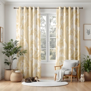Cream and Gold Damask Blackout Curtains, Elegant Baroque Floral Drapes for Living Room Decor, Custom Sized Window Panels