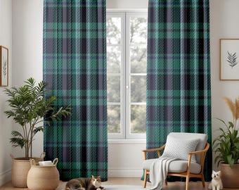 Cortinas opacas en azul marino intenso y verde Kelly, cortinas a cuadros modernos y atrevidos, decoración clásica y acogedora para la sala de estar, acento llamativo.