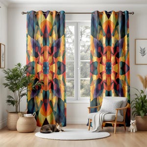 Colorful Kaleidoscope Window Curtains, Boho Living Room Decor, Geometric Art Drapes, Vibrant Pattern Panels, Modern Home Accent