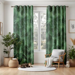 Tropical Palm Leaf Living Room Curtains, Green Botanical Jungle Drapes, Nature Inspired Window Panels, Modern Boho Home Decor