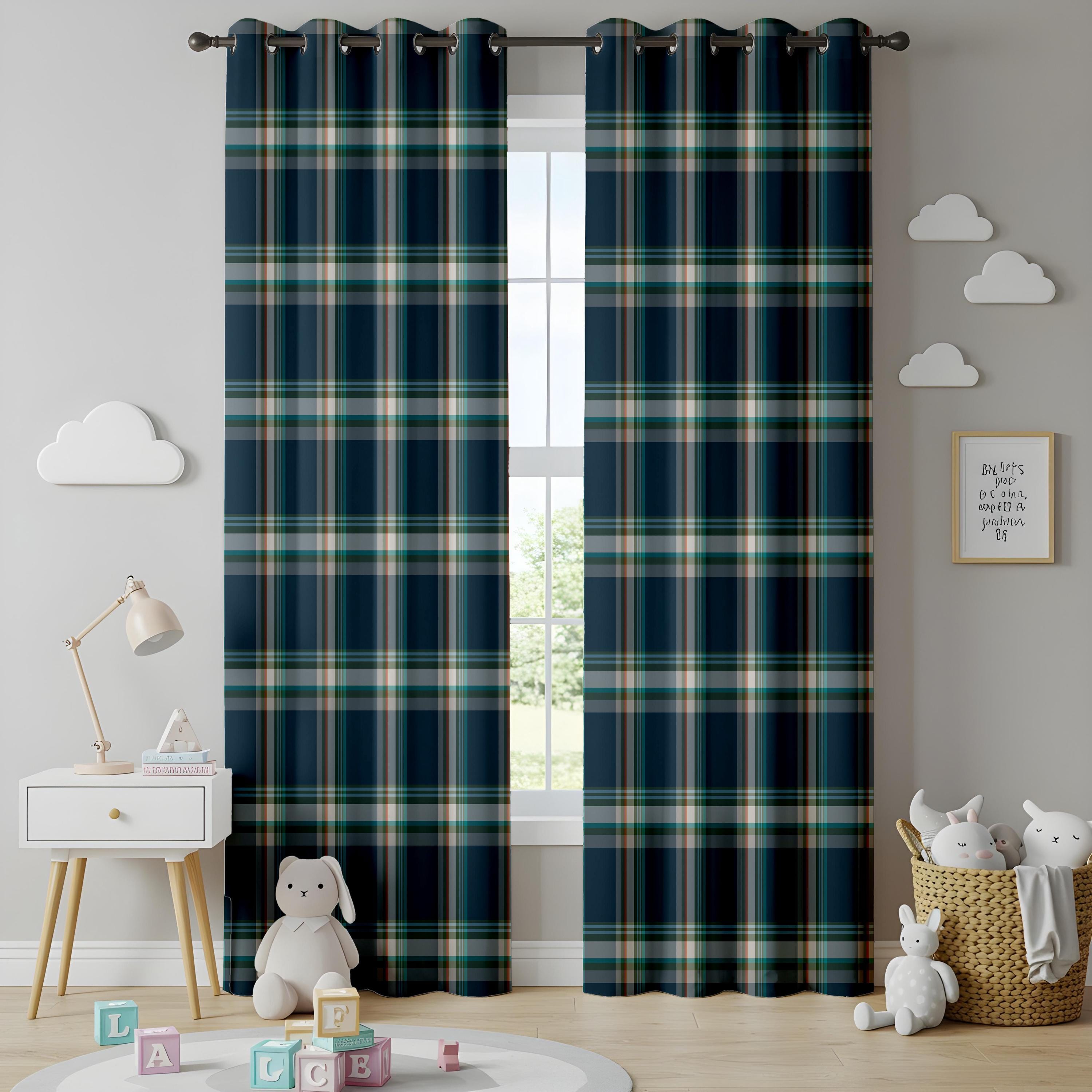 Classic Plaid Living Room Curtains, Navy Green Tartan Drapes, Cozy ...