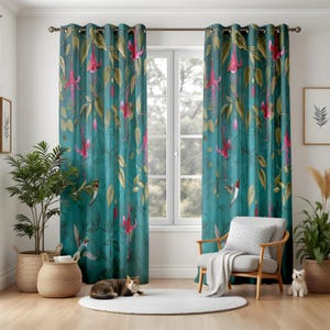 Botanical Bird and Flower Curtains, Vintage Floral Living Room Drapes, Cottagecore Nature Window Panels, Green Pink Leaf Print Decor