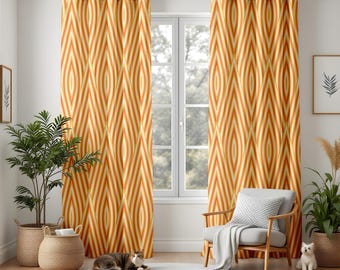 Retro Diamond Pattern Window Curtains, Orange Yellow Geometric Drapes, Mid Century Modern Living Room Panels, Bold Vintage Home Decor