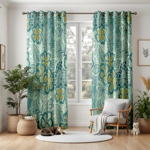 Tropical Flower Window Curtains, Teal and Mustard Botanical Drapes, Island Style Home Decor, Coastal Living Room Panels, Summer Curtain Set