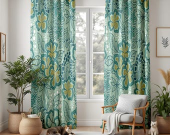 Cortinas con estampado floral tropical, cortinas botánicas en tonos verde azulado y mostaza, decoración para el hogar estilo isleño, paneles para sala de estar estilo costero, juego de cortinas de verano.