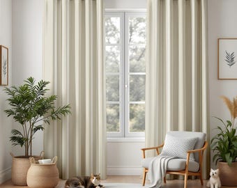 Neutral Modern Living Room Curtains, Beige and Taupe Textured Stripe Drapes, Minimalist Window Panels, Blackout or Thermal