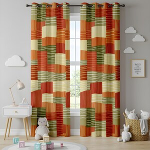 Pattern Block Curtain Retro Patchwork Living Room Curtains, Boho Modern Window Drapes, Earth ...