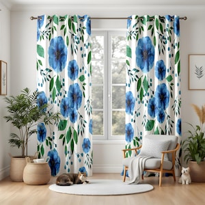 Blue and White Floral Blackout Curtains, Watercolor Botanical Drapes for Living Room, Green and Blue Flower Window Panels