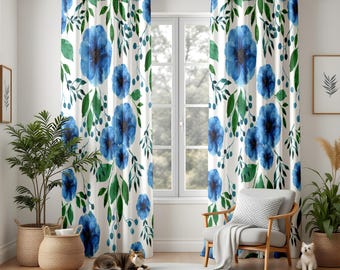 青と白の花柄遮光カーテン、リビングルーム用の水彩画風ボタニカル