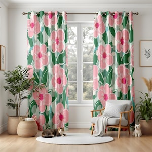 Bold Pink Floral Living Room Curtains, Large Flower Print Window Drapes, Modern Garden Style Panels, Colorful Boho Home Decor
