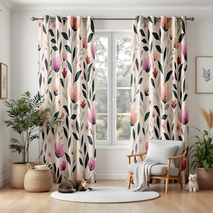 Watercolor Floral Blackout Curtains, Pink & Orange Living Room Drapes, Elegant Botanical Window Panels for Home Decorating