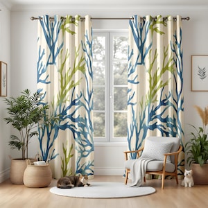 Coastal Coral Pattern Curtains, Blue and Green Sea Inspired Drapes, Ocean Themed Window Panels for Living Room