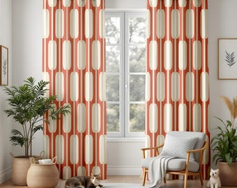 Mid Century Modern Curtains, Orange Retro Pattern Drapes, Geometric Oval Living Room Panels, 70s Inspired Home Decor