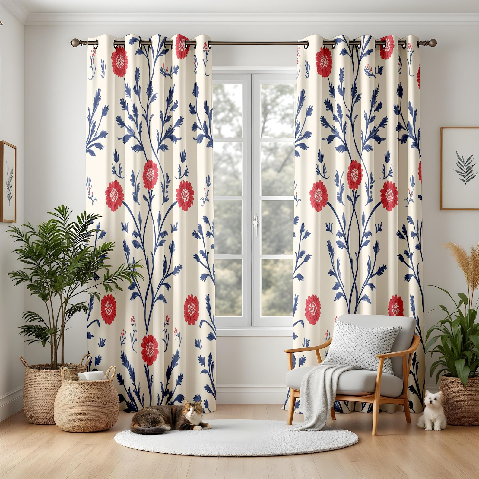 Folk Floral Living Room Curtains, Red Blue Botanical Drapes
