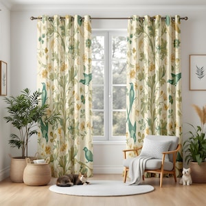 Sage Green Floral Blackout Curtains, William Morris Style Bird and Leaf Drapes, Arts & Crafts Window Panels for Living Room Decor
