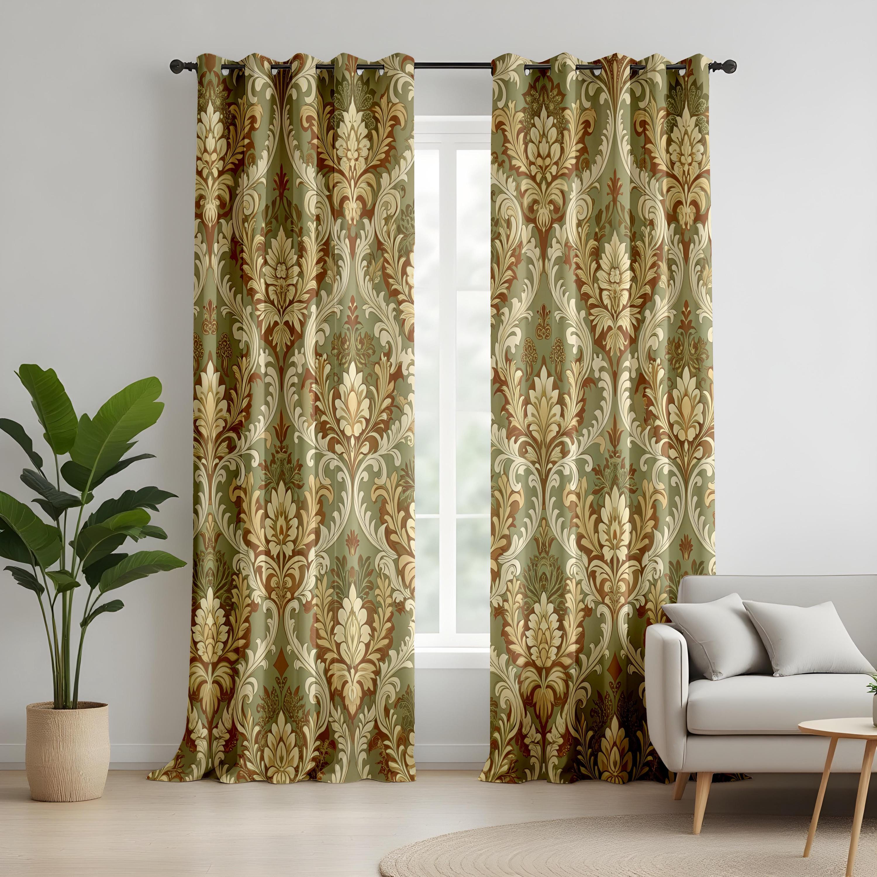 Sage Green and Gold Damask Blackout Curtains, Classic Baroque Floral